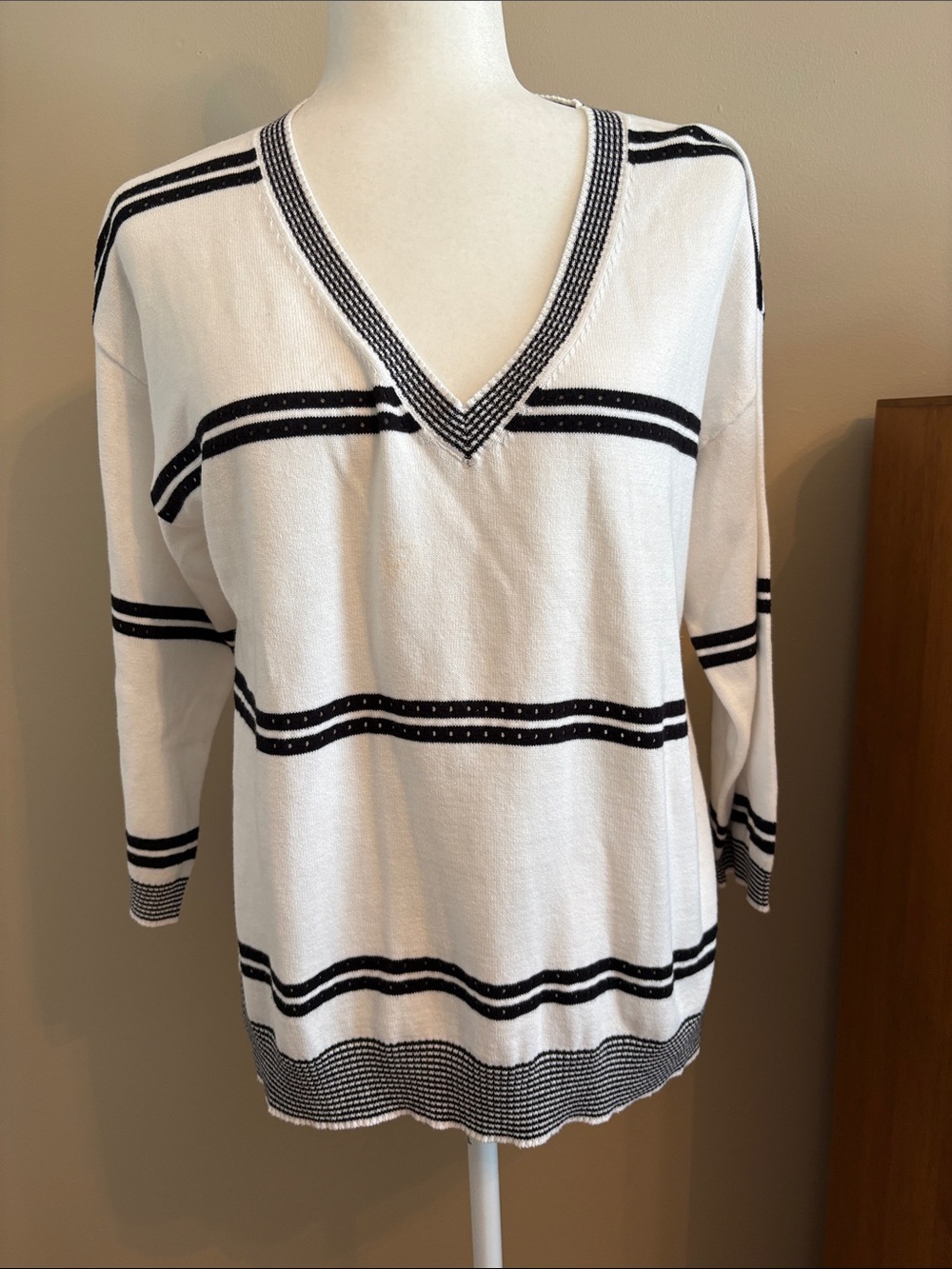 Michael Stars White V-Neck Sweater with Black Stripes